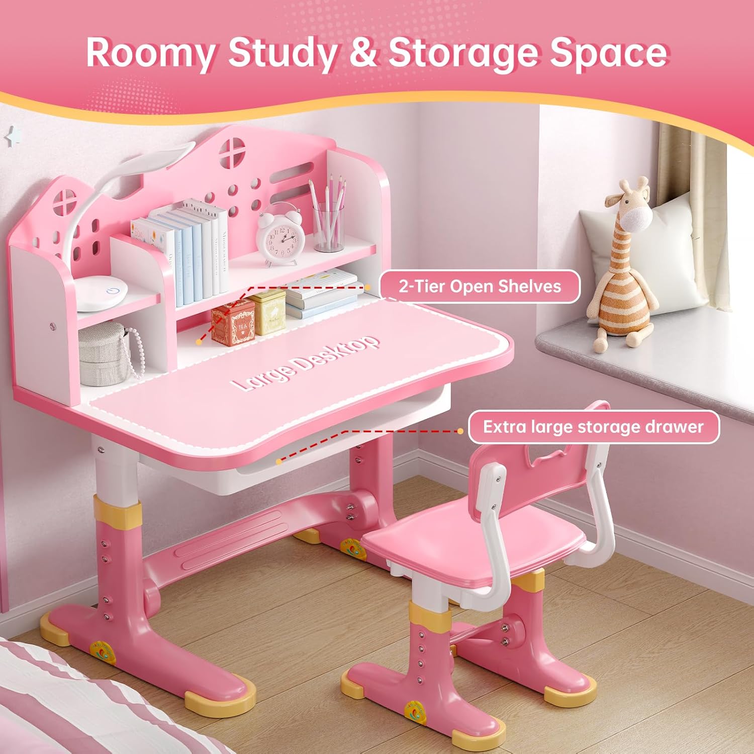 Kids Desk and Chair Set, Height Adjustable Child's School Study Writing Tables, Kids Desk with Bookstand and Storage Drawer, Widened Desktop with Desktop for Boys and Girls