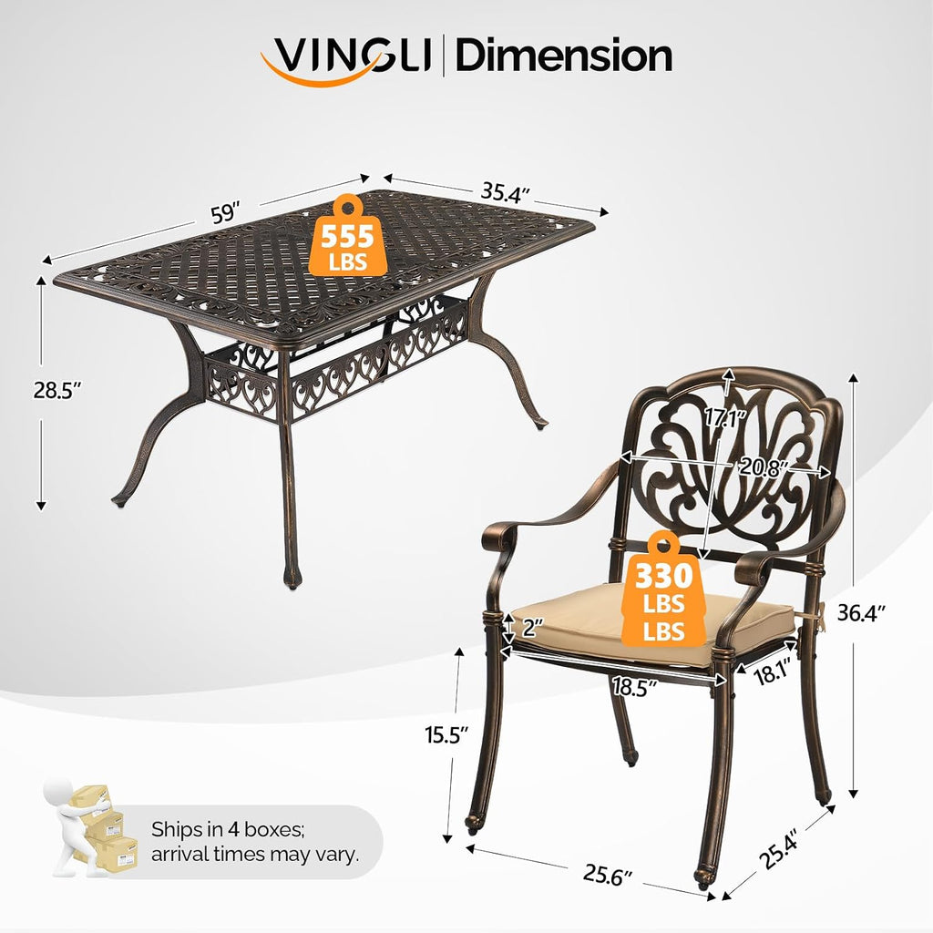 VINGLI 7 Pieces Outdoor Dining Set, Cast Aluminium All-Weather Patio Dining Set for 6 with Umbrella Hole, Outdoor Dining Table and Chairs with Cushion for Yard, Garden, Porch and Poolside, Bronze