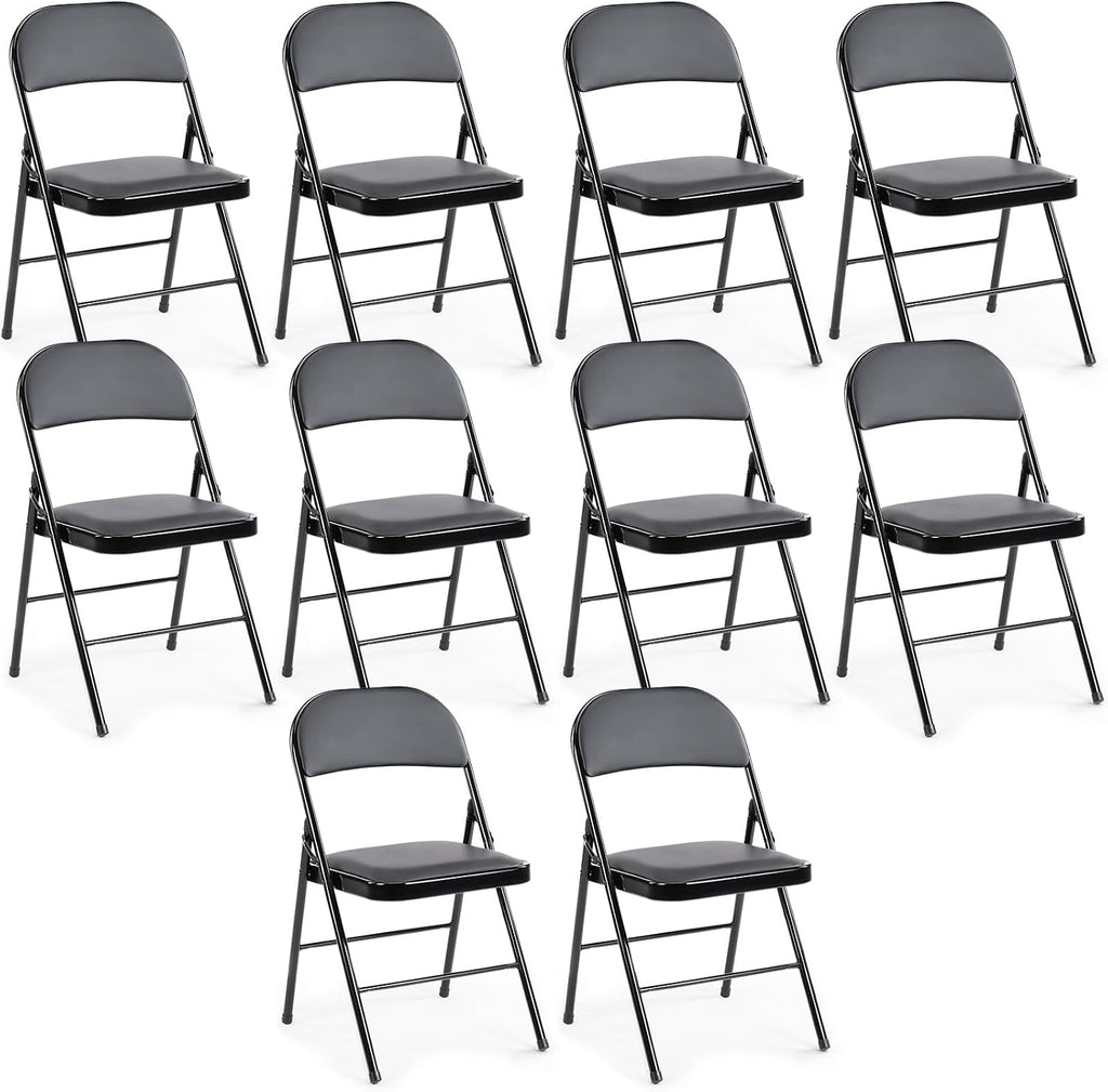 DUMOS 10 Pack Leather Padded Folding Chair, Indoor Outdoor Portable Stackable Commercial Seat with Steel Frame, Capacity for Home, Office, Party, Comfy, Black