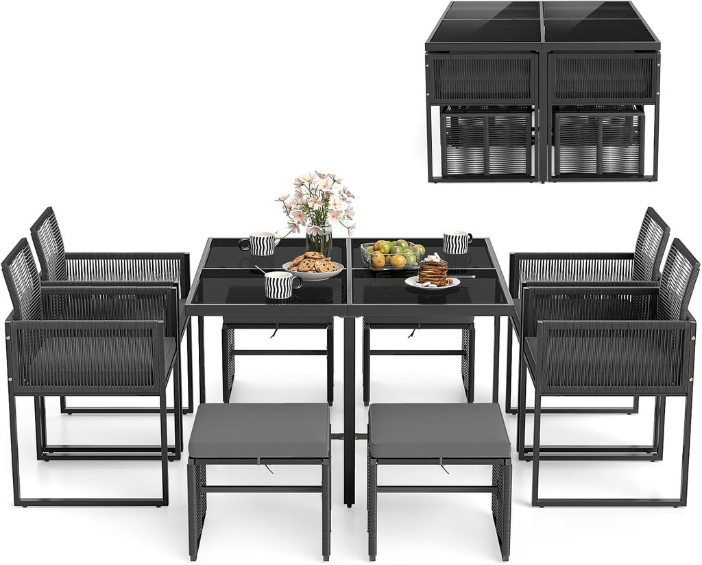 Tangkula 9 Pieces Patio Dining Set, Outdoor Space-Saving Furniture Set with PE Rattan Chairs, Tempered Glass Table and Ottomans, Outdoor Sectional Conversation Set with Cushions for Yard