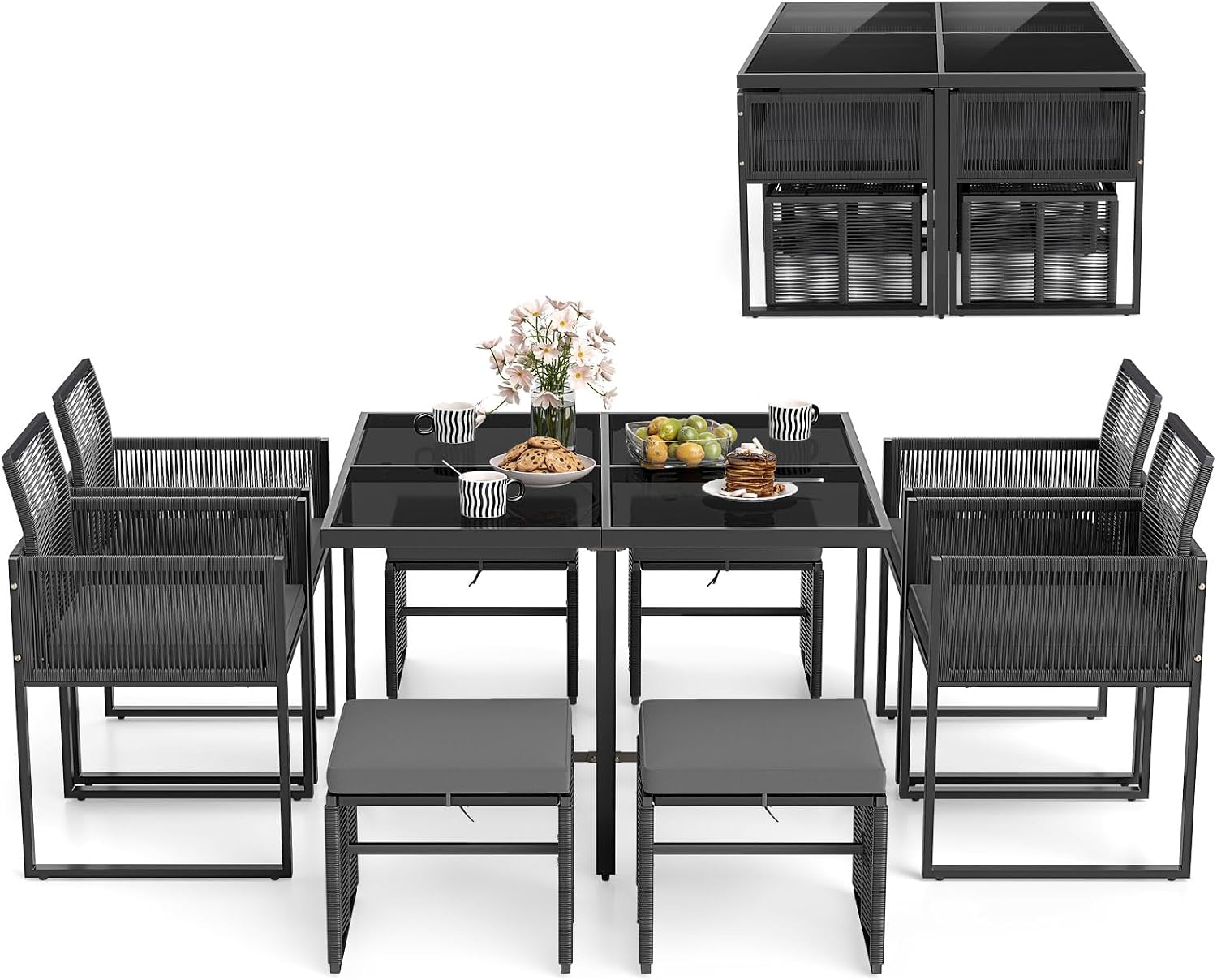 Tangkula 9 Pieces Patio Dining Set, Outdoor Space-Saving Furniture Set with PE Rattan Chairs, Tempered Glass Table and Ottomans, Outdoor Sectional Conversation Set with Cushions for Yard