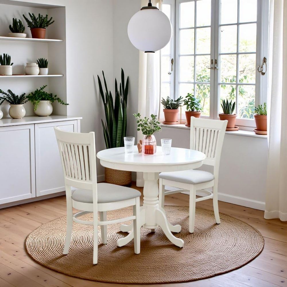 Furnifact White Solid Wood 3 Piece Set with Chairs, Compact Table and Chairs for 2, Ideal Small Kitchen or Dinette Table for Breakfast and More