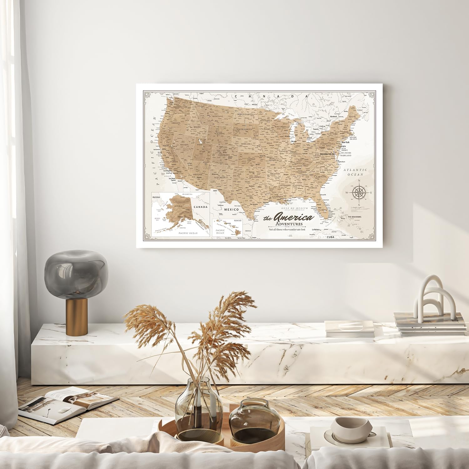 IPIC - Large Vintage Push Pin Travel Map USA, Pin Board Canvas Wall Art, United States Maps for Wall, Giclee Print on Canvas, Handcrafted in USA, 36x24
