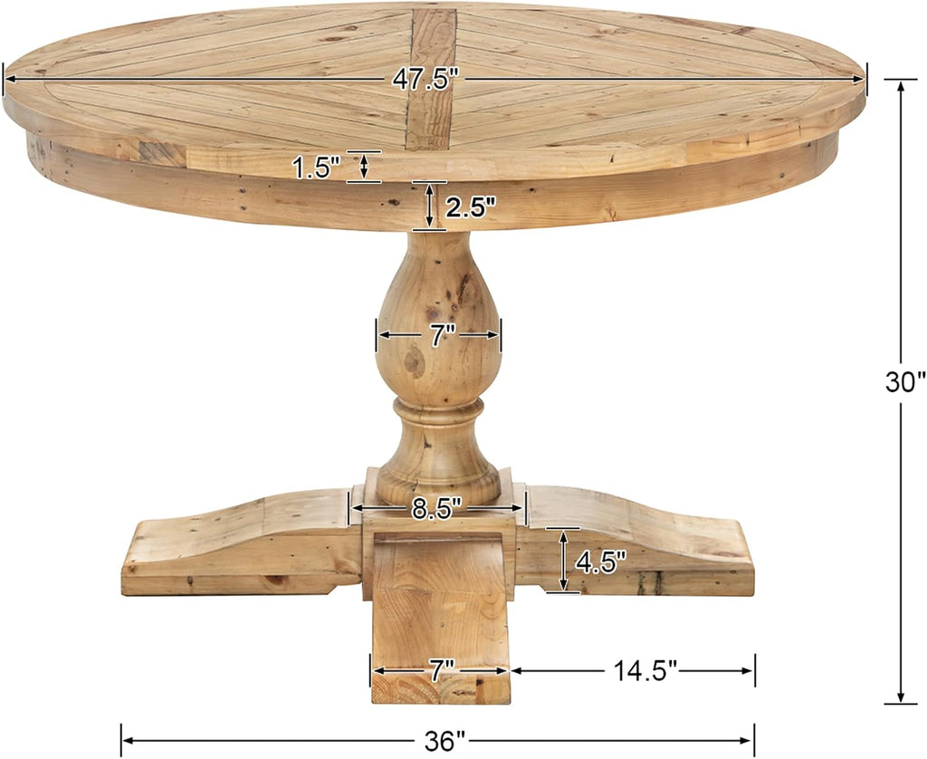 47' Round Dining Table with Wooden Pedestal Base, Antique Pine Wood Dinner Table for 4, Heavy Duty Pedestal Table for Kitchen/Dining Room/Living Room/Restaurant, Weathered Brown