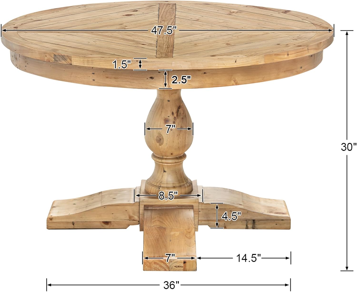 47' Round Dining Table with Wooden Pedestal Base, Antique Pine Wood Dinner Table for 4, Heavy Duty Pedestal Table for Kitchen/Dining Room/Living Room/Restaurant, Weathered Brown