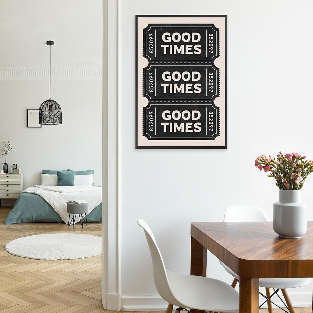 Vintage Black Good Times Ticket Print Poster Trendy Retro Black Room Aesthetic Wall Art Bar Cart Canvas Art Prints For Girly College Dorm Apartment Bathroom Wall Decor 24x36in Framed