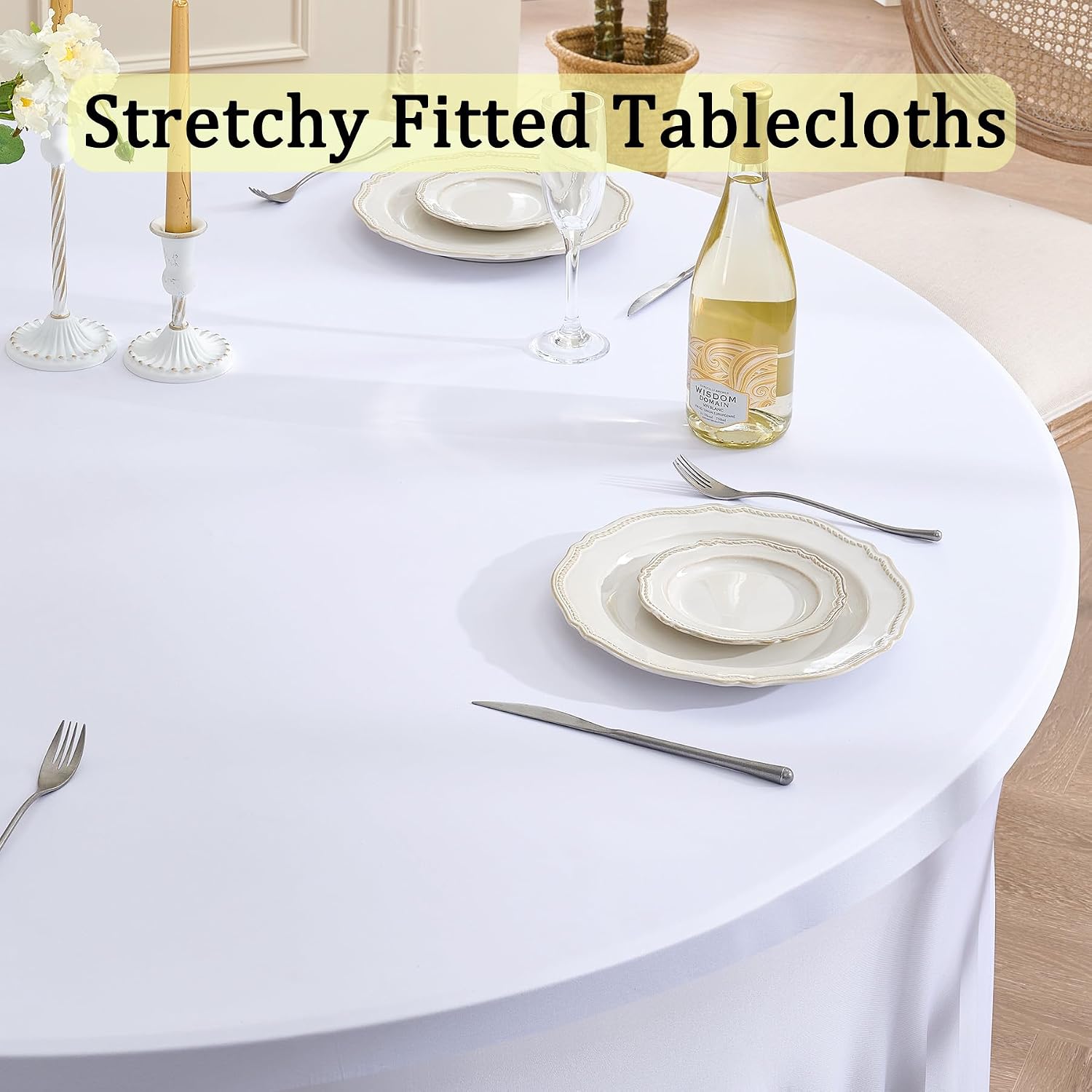 8pk Round Spandex Tablecloths for 72inch Table, Wrinkle Free Stretchy 132 inch Fitted 6ft Round Table Cloths Covers with Skirt for Wedding Birthday Parties Banquet Bridal Shower Events