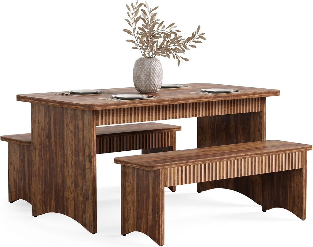 LITTLE TREE 55' Dining Table with 2 Benches, Dining Table Set for 4-6 People, Farmhouse Kitchen Table with Bench, Dining Room Table Set