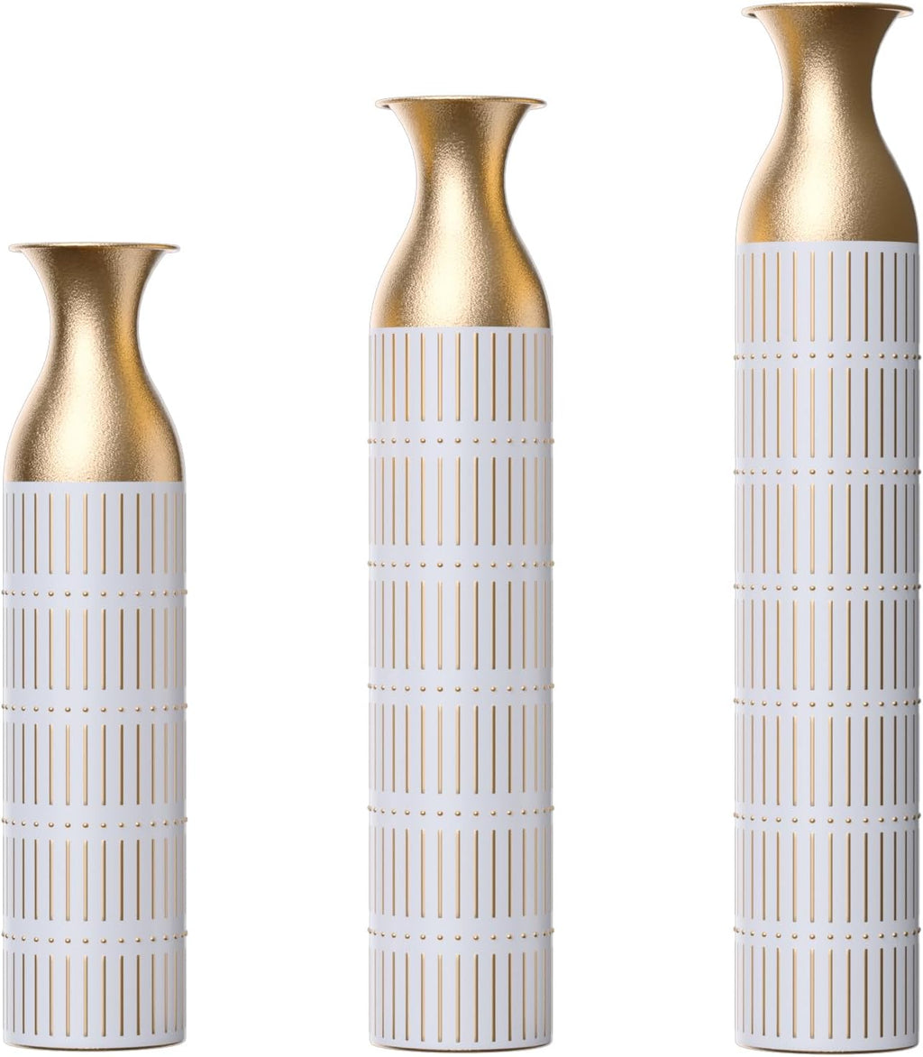 Gold-White Metal Floor Vase Set - 3D Floral Relief Cylinder Vases for Living Room, Entryway & Office Decor, Rustproof Tall Standing Home Décor 24in/28.7in/33.5in