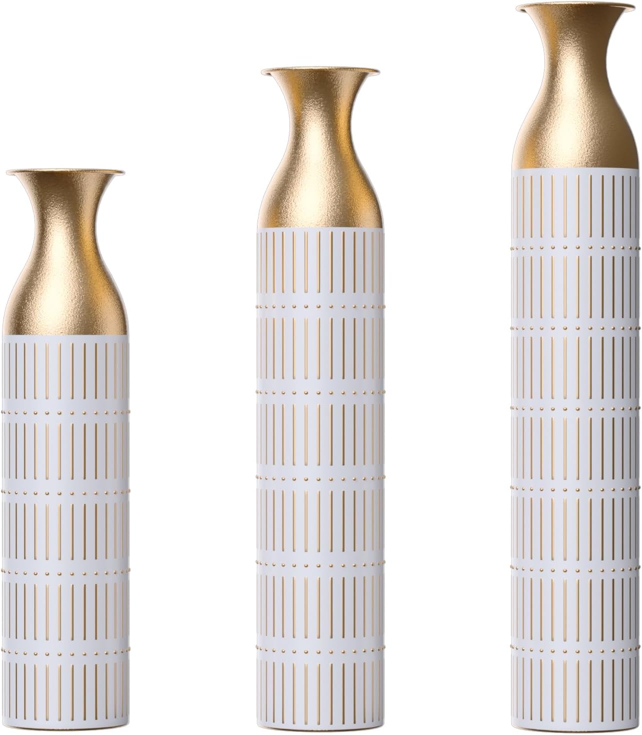 Gold-White Metal Floor Vase Set - 3D Floral Relief Cylinder Vases for Living Room, Entryway & Office Decor, Rustproof Tall Standing Home Décor 24in/28.7in/33.5in