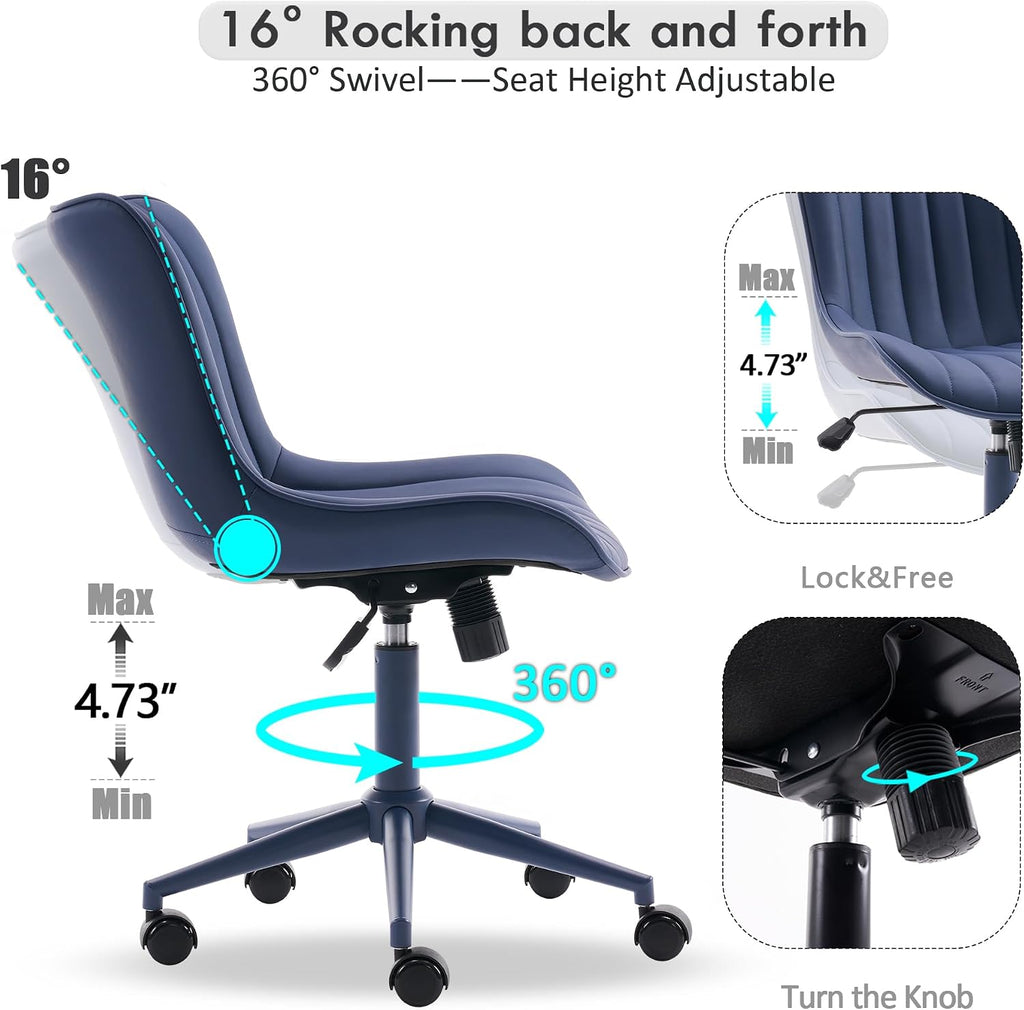 YOUNIKE Office Desk Chair with Wheels Armless Vanity Chair with Back Comfy Leather Upholstered Rolling Task Chair Swivel Small Cute Sewing Chair No Arms Wide Ergonomic Mid-Century Modern Navy Blue