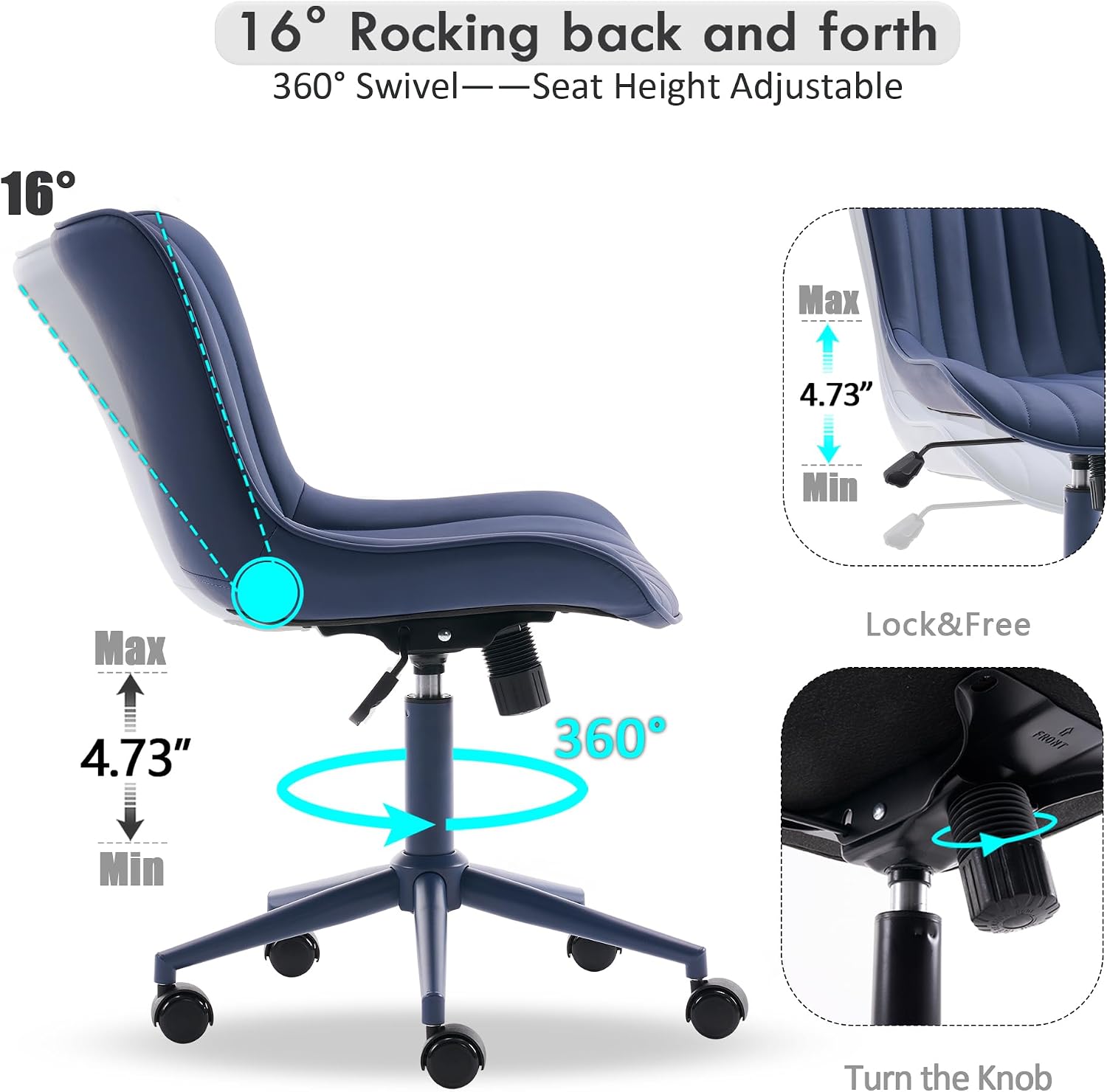 YOUNIKE Office Desk Chair with Wheels Armless Vanity Chair with Back Comfy Leather Upholstered Rolling Task Chair Swivel Small Cute Sewing Chair No Arms Wide Ergonomic Mid-Century Modern Navy Blue