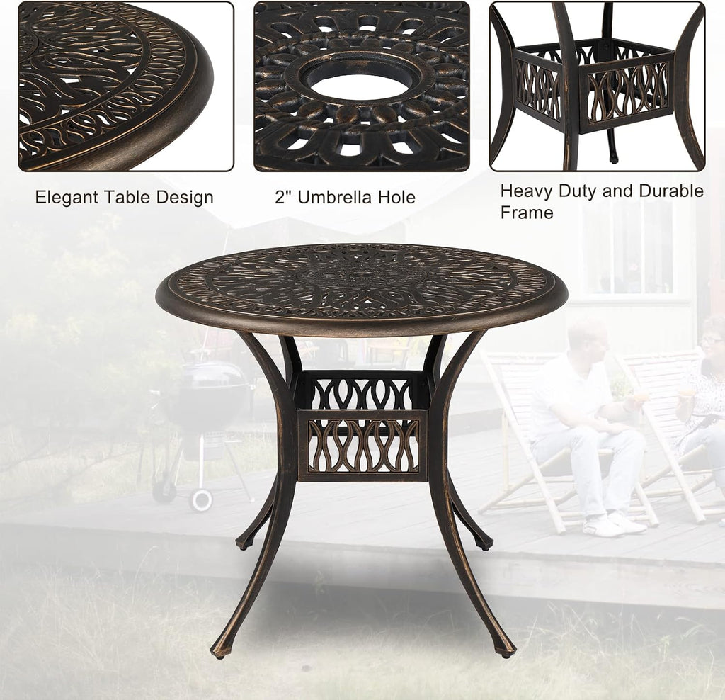 VINGLI 5-Piece Outdoor Patio Dining Set, Cast Aluminum All-Weather Outdoor Table and Chairs w/Cushion, Outdoor Furniture Set w/Umbrella Hole for Backyard Deck Poolside (Round, Elizabeth Back)