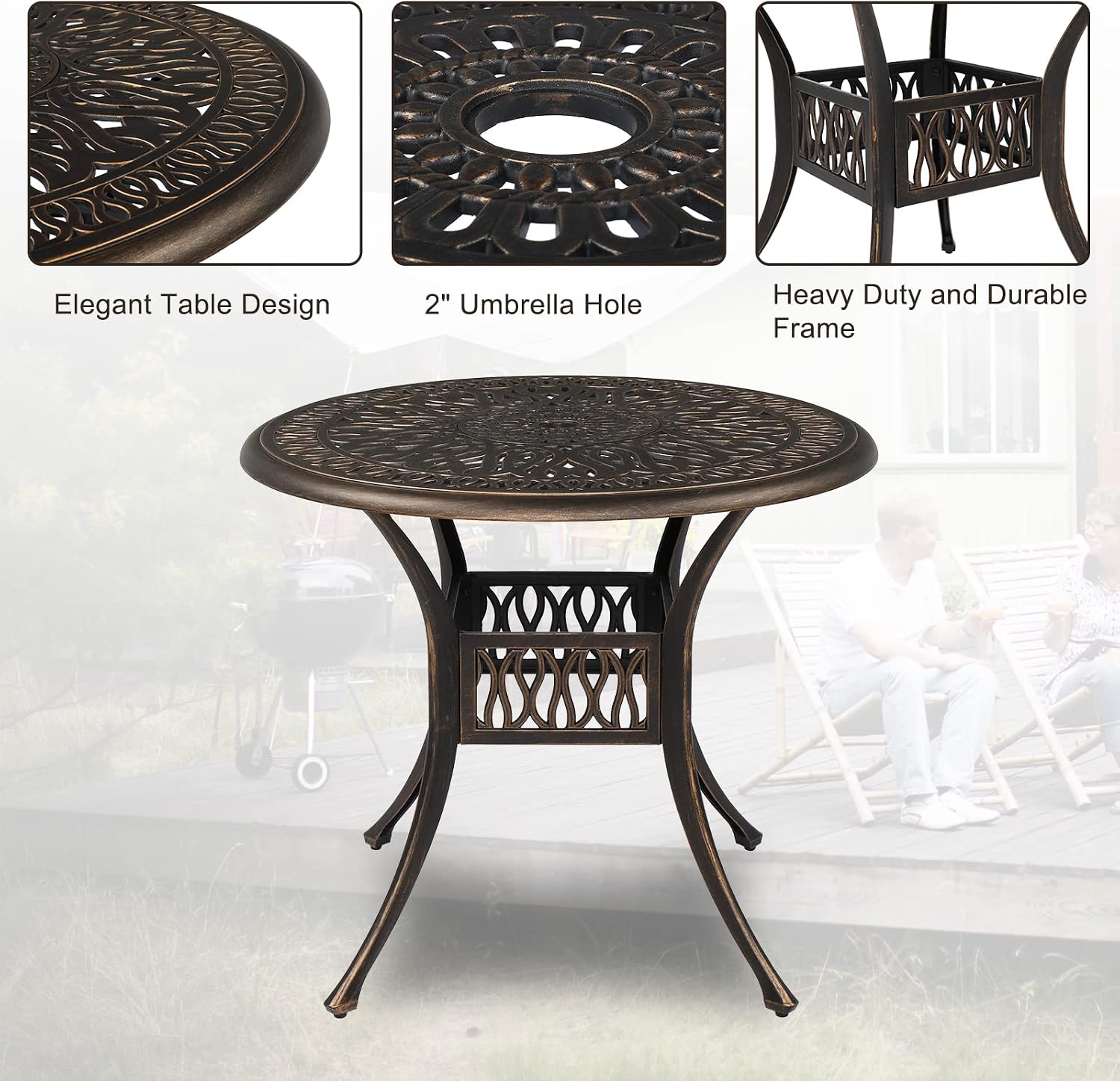 VINGLI 5-Piece Outdoor Patio Dining Set, Cast Aluminum All-Weather Outdoor Table and Chairs w/Cushion, Outdoor Furniture Set w/Umbrella Hole for Backyard Deck Poolside (Round, Elizabeth Back)