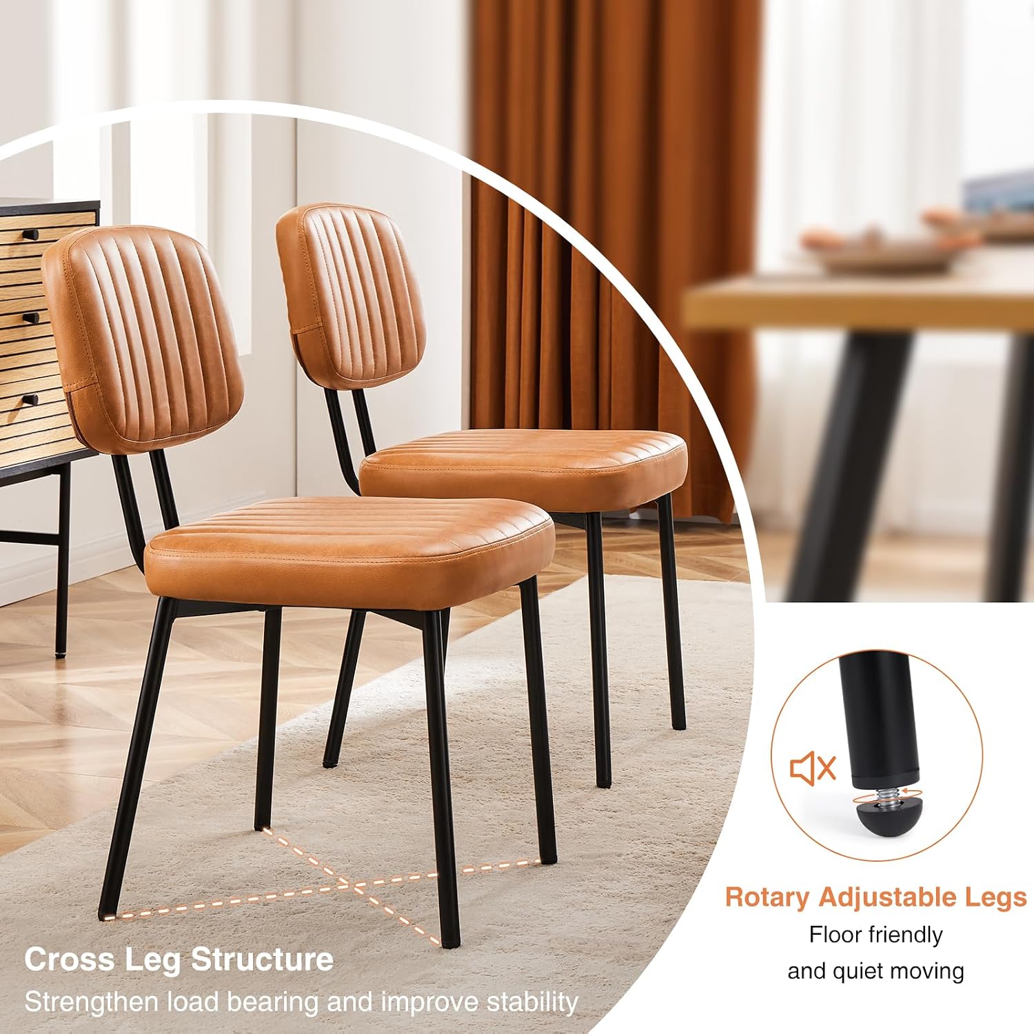 Sweetcrispy Dining Chairs Set of 4, Upholstered Mid Century Modern Kitchen Accent Chairs with Faux Leather Cushion Seat & Metal Legs for Home Office, Living Room - Brown