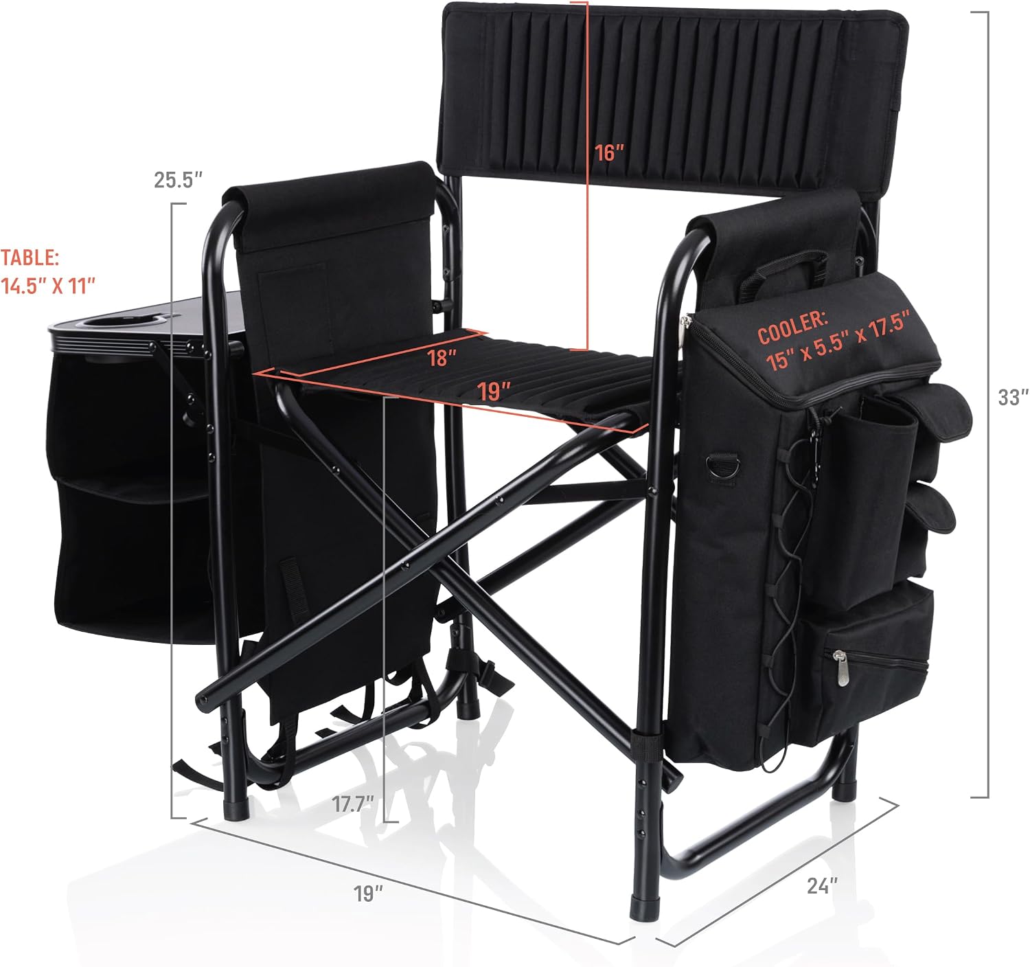 Picnic TIME Fusion Camping Chair with Side Table and Soft Cooler, Outdoor Foldable Padded Camping Chairs with Shelves, Pockets, & Cup Holder for Lawn, Beach, & Sports Use for Adults, (Matte Black)