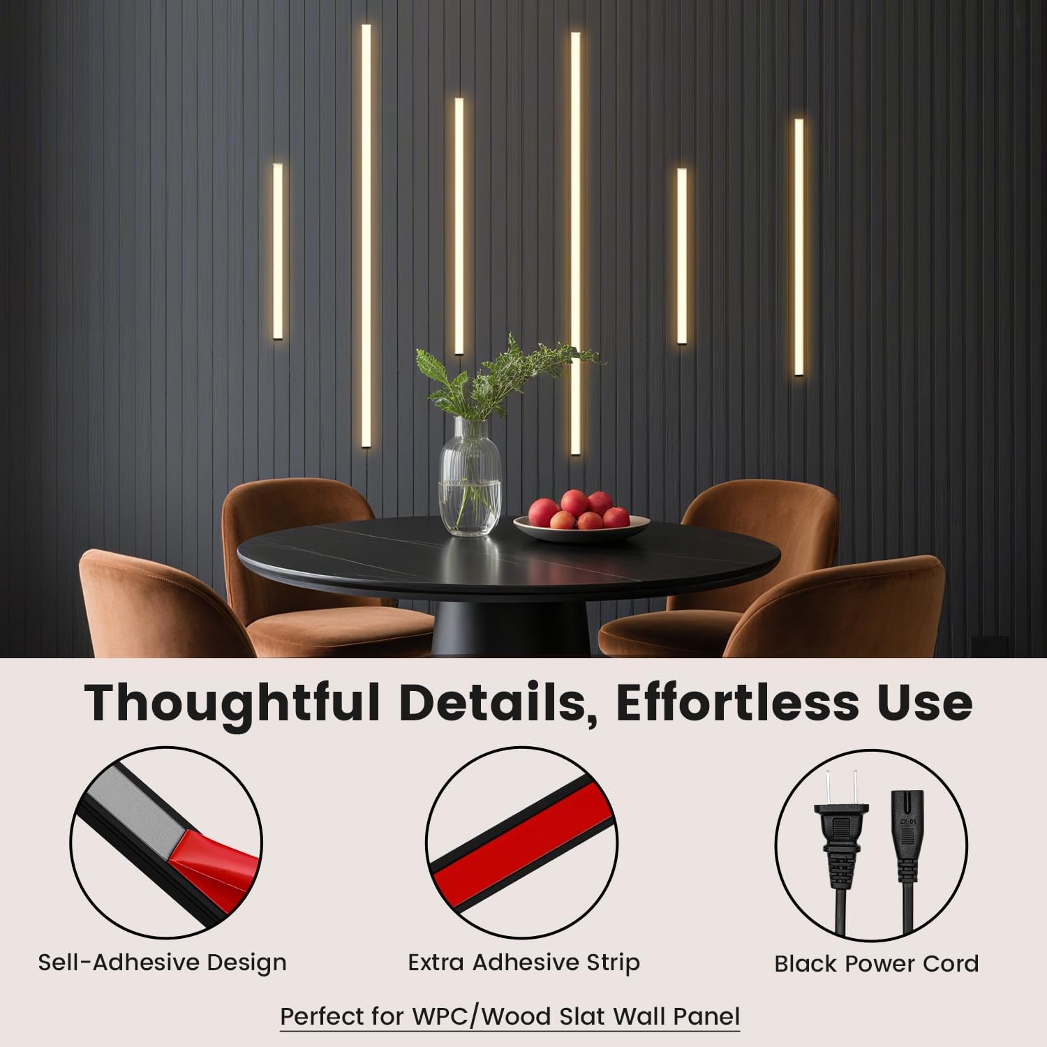 Slat Wall Lights - GloryAir 12Pcs Black Self-Adhesive Wall Panel Light Strips, 3000K Warm White Dimmable Smart Touch Switch for Wood Slat, WPC & Acoustic Panel, Living Room, Bedroom & Stair Decor