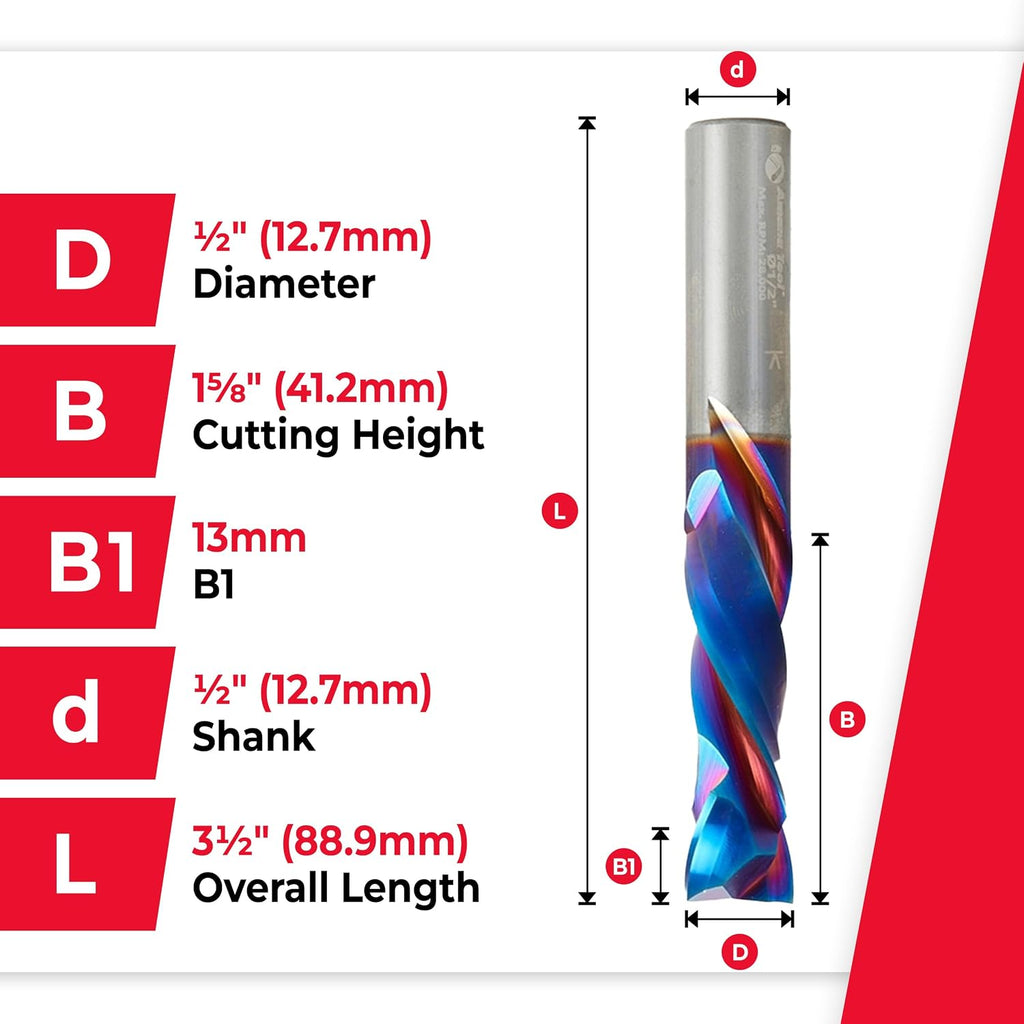 Amana Tool Spektra Extreme Tool Life Solid Carbide CNC Compression Spiral Router Bit, 46190-K, 1/2 D x 1-5/8 CH x 1/2 Shank x 3-1/2 Inch Long 2 Flute