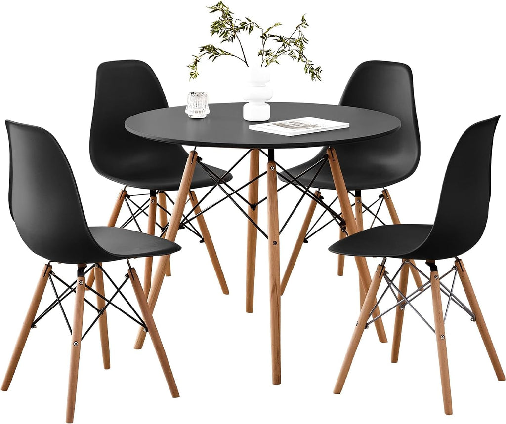 5-Piece 35.5' Round Dining Table Set, Small Kitchen Table Chairs Set of 4 Plastic Seats, Solid Wood Legs, Space Saving Furniture for Living Room Apartment Office Home, Black