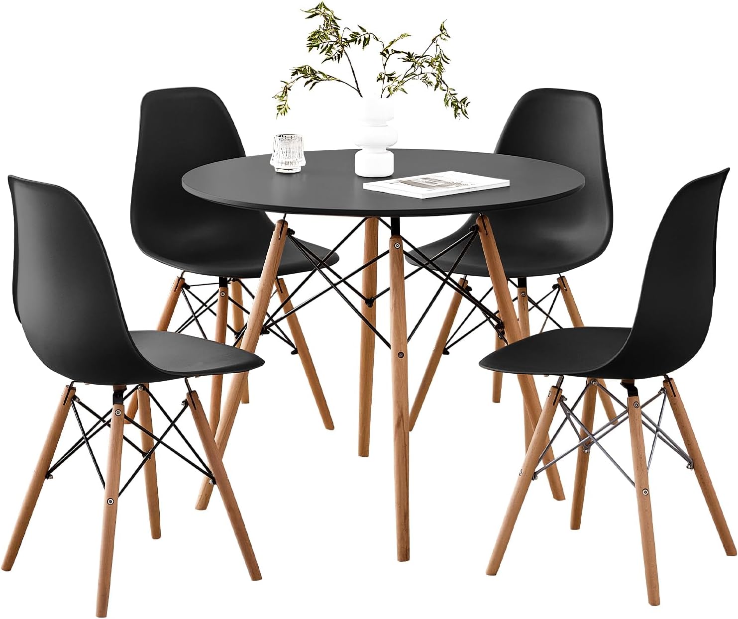 5-Piece 35.5' Round Dining Table Set, Small Kitchen Table Chairs Set of 4 Plastic Seats, Solid Wood Legs, Space Saving Furniture for Living Room Apartment Office Home, Black