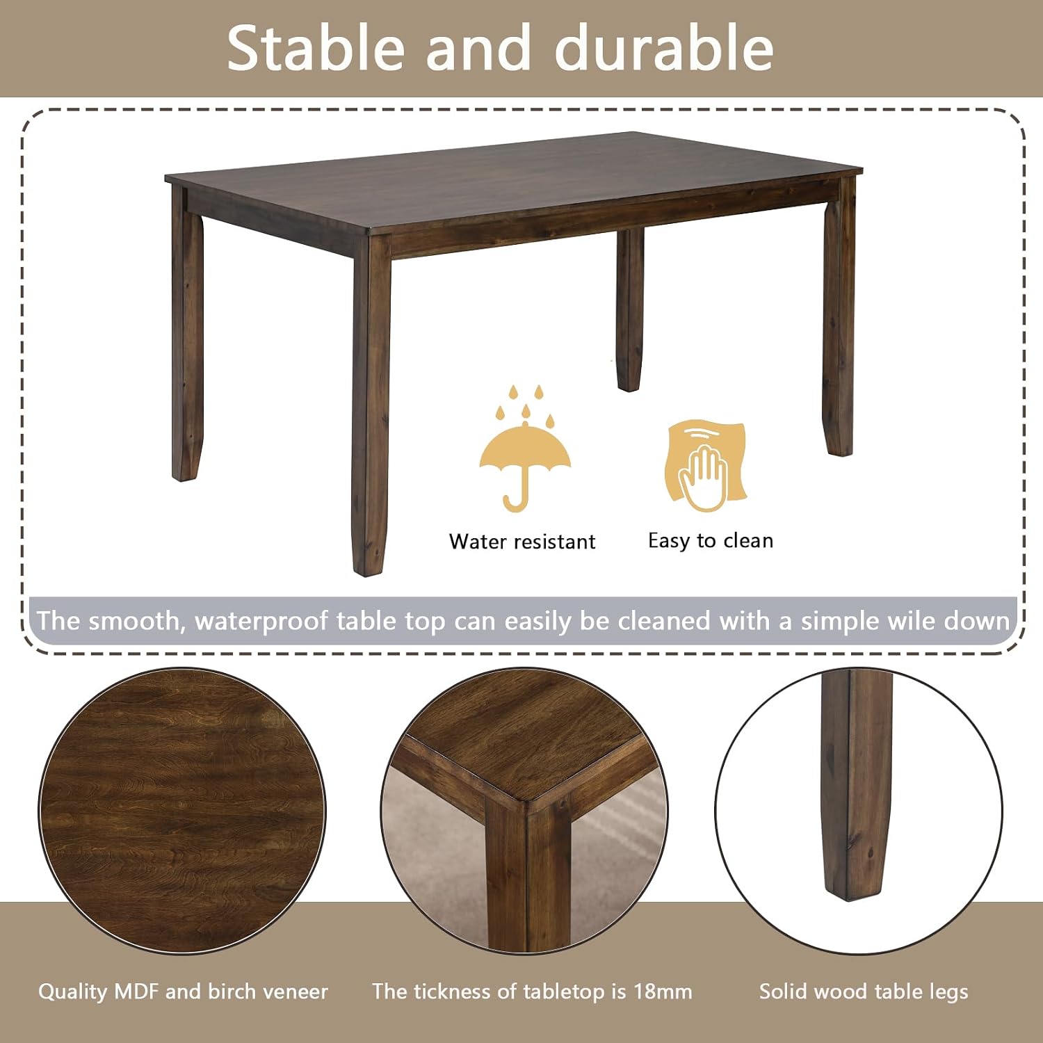 KEIKI 6-Piece Standard Height Dining Table Set with Rectangular Table, 4 Upholstered Slatted Backrset Chair, Bench, for 6 Person, Modern Table Set, Easy Assembly, for Kitchen, Dining Room, Walnut