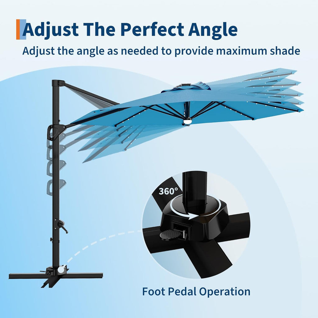 Garvee 10 ft Cantilever Patio Umbrella with Solar Lights, 360°Rotation Offset Umbrella, Easy Crank & Tilt Adjustment, UV Protection for Backyard, Poolside, Deck -Turquoise