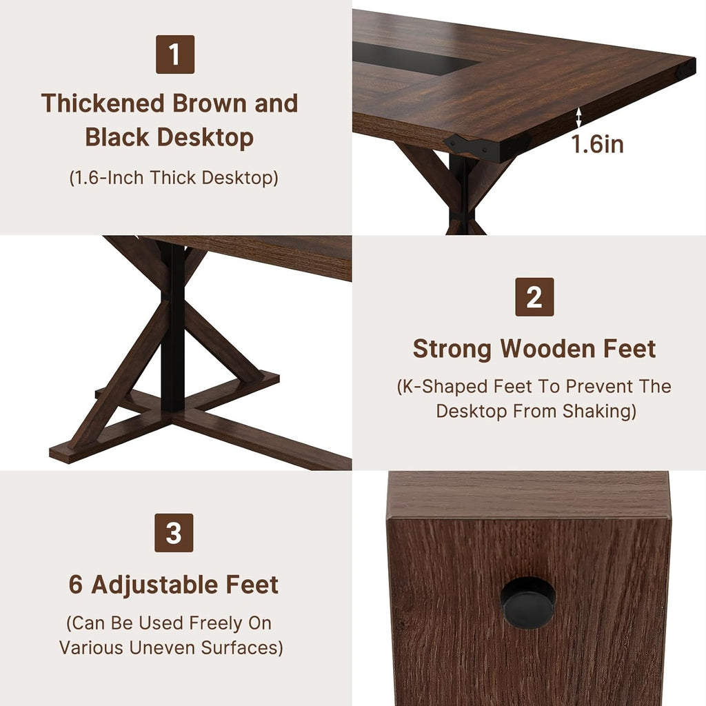 Hlivelood 78 Inch Dining Table for 8 People, Rectangular Kitchen Farmhouse Table W/Thickness Waterproof Wood Tabletop,Long Dining Room Tables W/Wood Strip Base for Kitchen Living Room(78IN Brown)