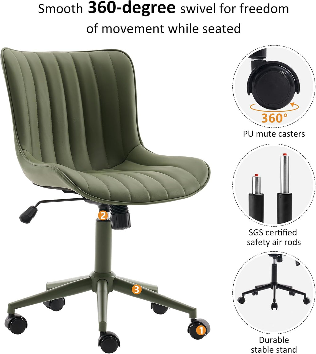 YOUNIKE Home Office Desk Chair with Wheels Armless Vanity Chair with Back Comfy Modern Leather Upholstered Rolling Task Chair Swivel Small Cute Sewing Chair No Arms Wide Adjustable Sage Green