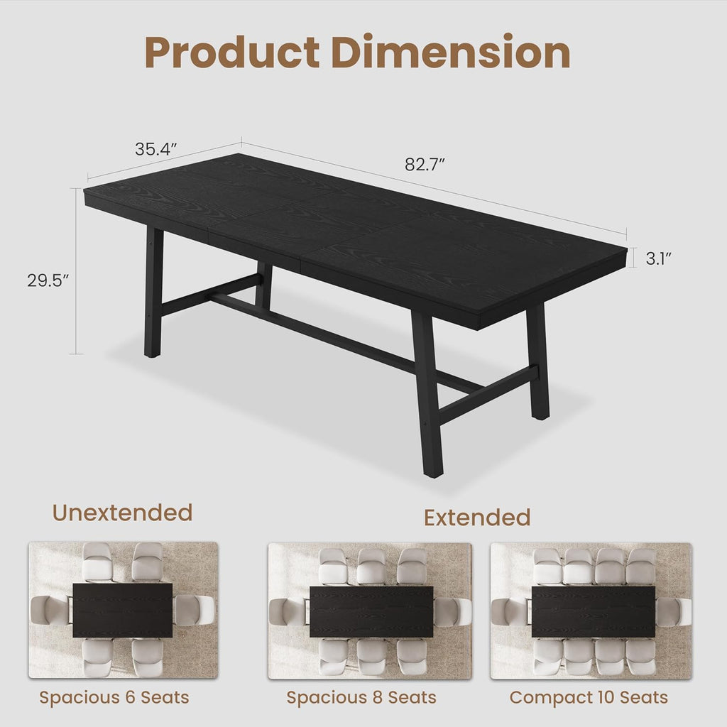 GarveeHome 63-83' Extendable Dining Table, Industrial Rectangular Dining Room Table for 6-8 People, Expandable Kitchen Table with Heavy Duty Metal Frame for Dining Room, Kitchen & Parties, Black