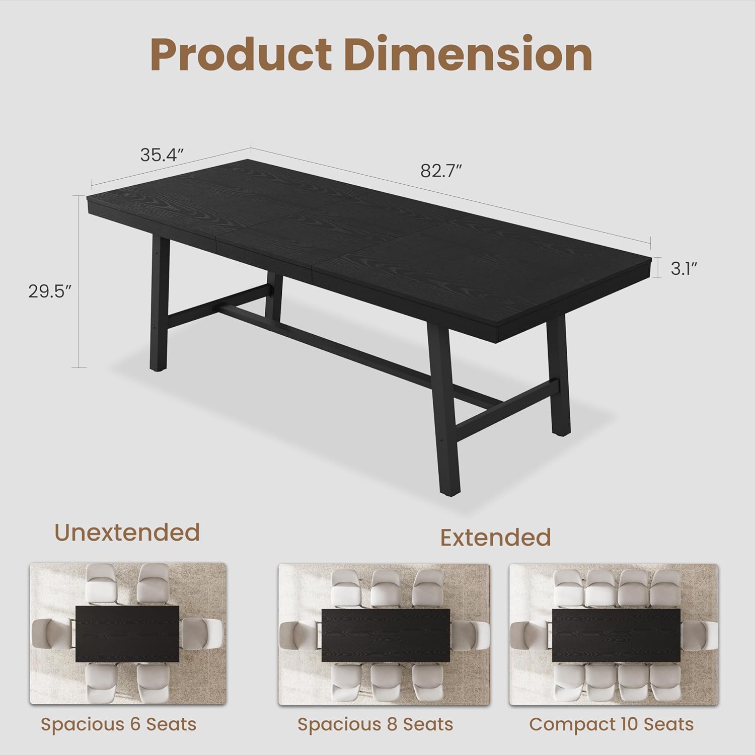 GarveeHome 63-83' Extendable Dining Table, Industrial Rectangular Dining Room Table for 6-8 People, Expandable Kitchen Table with Heavy Duty Metal Frame for Dining Room, Kitchen & Parties, Black