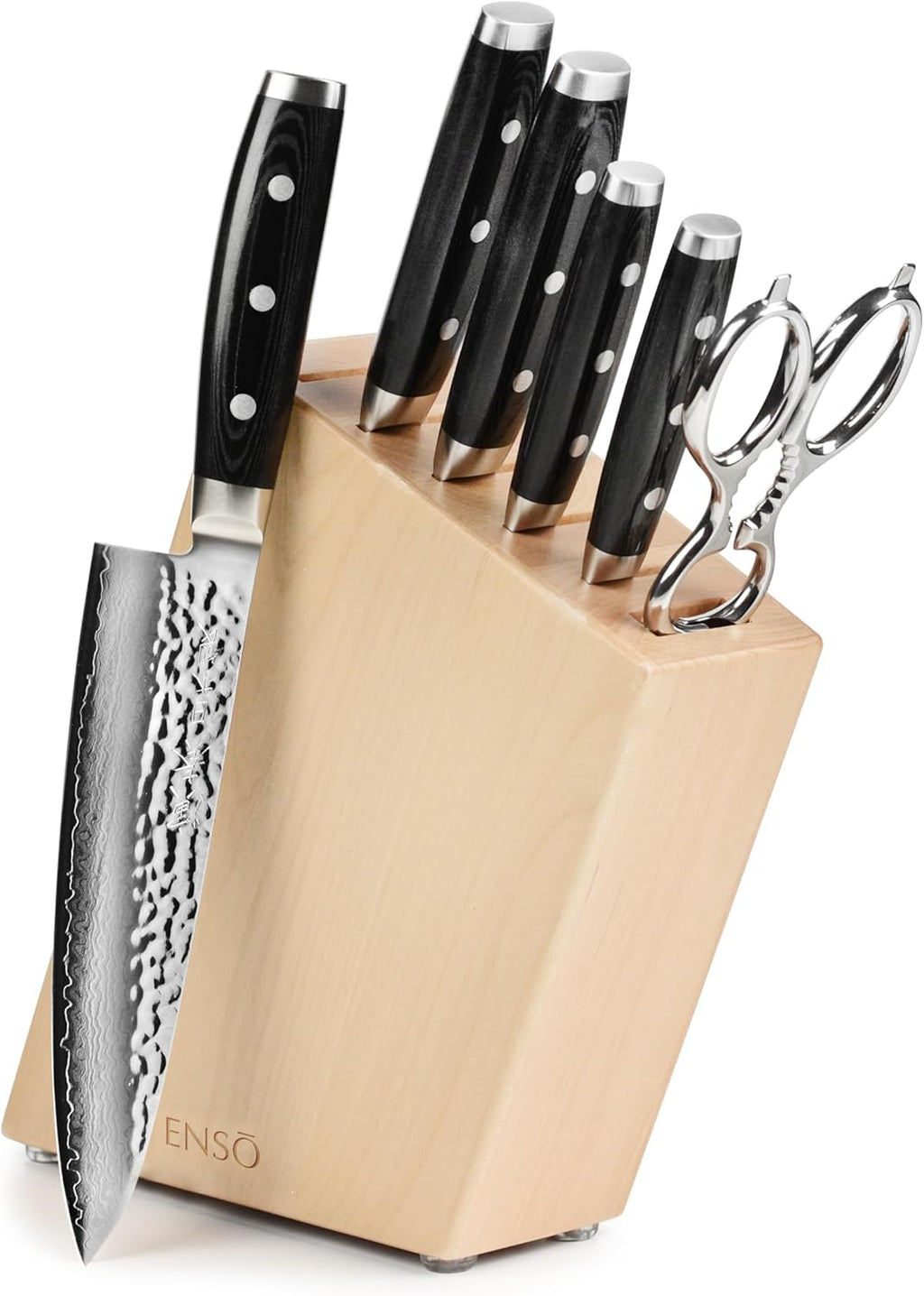 Enso Knife Set - Made in Japan - HD Series - VG10 Hammered Damascus Japanese Stainless Steel with Birch Knife Block - 7 Piece