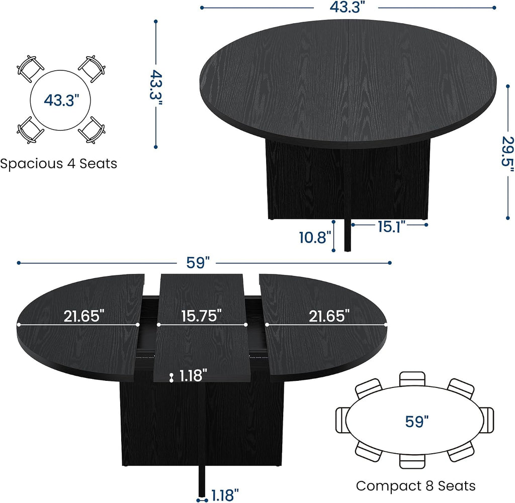 Garvee 43.3''-59'' Extendable Round Dining Table for 4-8, Modern Kitchen Oval Dining Table with Removable Leaves, Dinner Table for Dining Room, Kitchen, Living Room, Black