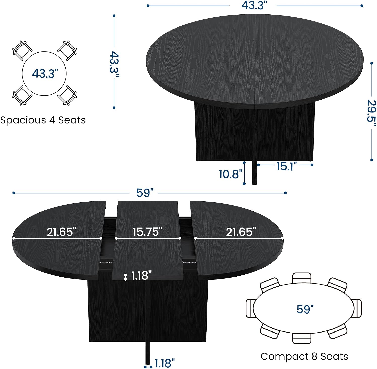 Garvee 43.3''-59'' Extendable Round Dining Table for 4-8, Modern Kitchen Oval Dining Table with Removable Leaves, Dinner Table for Dining Room, Kitchen, Living Room, Black