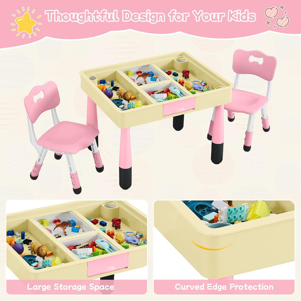 4 in 1 Kids Table and 2 Chairs Set, Toddler Table and Chair Set for Kids Ages 3-10, Activity Tables for Building Blocks/Drawing/Reading/Dining，Gift for Boy & Girl (Pink)