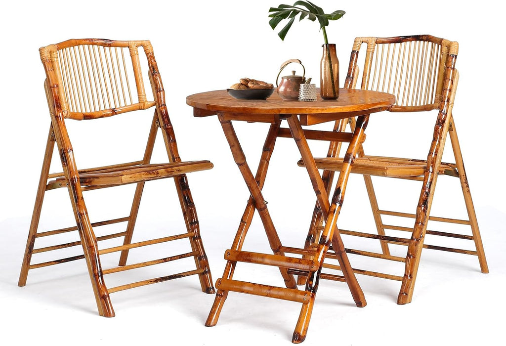 VINGLI Bamboo Folding Chair Table 3 Piece Bistro Set, Foldable Dining Wood Chairs Comfortable Seat for Outdoor & Indoor, Patio, Porch, Wedding, Party, Event, 3 Pack