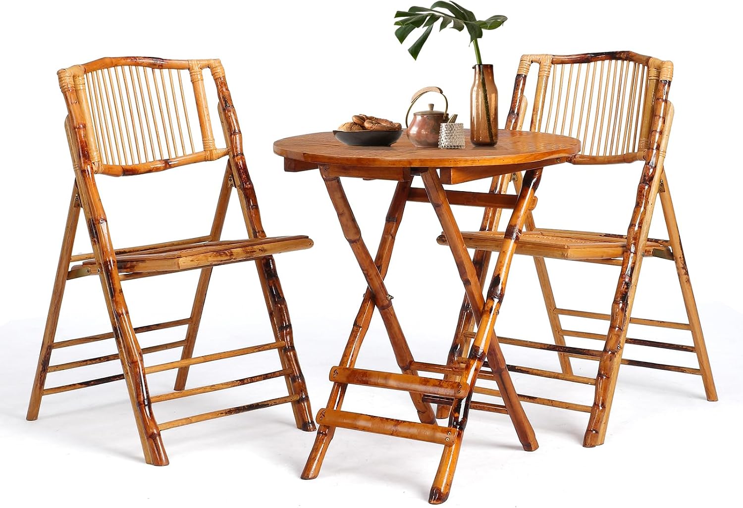 VINGLI Bamboo Folding Chair Table 3 Piece Bistro Set, Foldable Dining Wood Chairs Comfortable Seat for Outdoor & Indoor, Patio, Porch, Wedding, Party, Event, 3 Pack