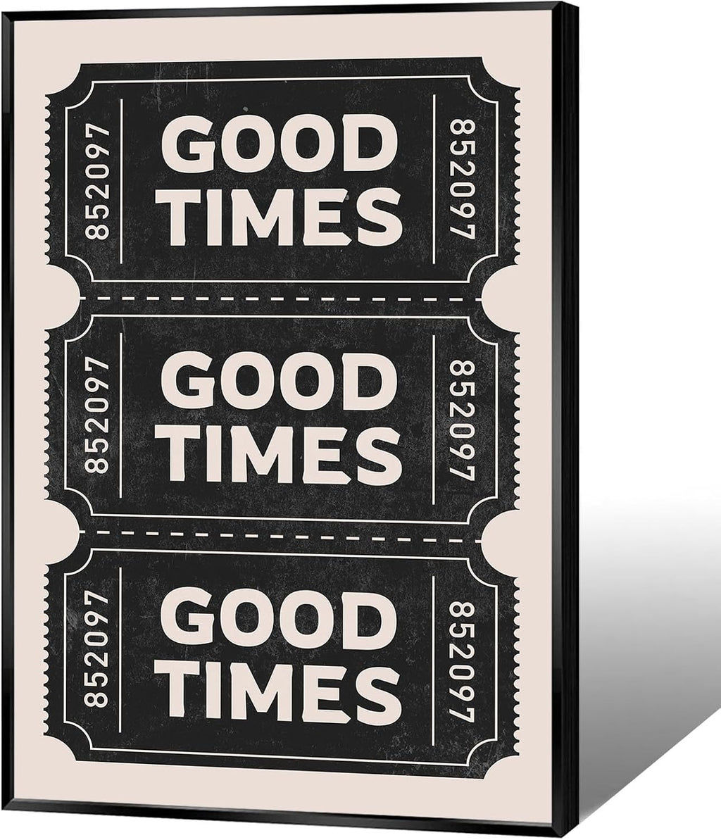 Vintage Black Good Times Ticket Print Poster Trendy Retro Black Room Aesthetic Wall Art Bar Cart Canvas Art Prints For Girly College Dorm Apartment Bathroom Wall Decor 24x36in Framed