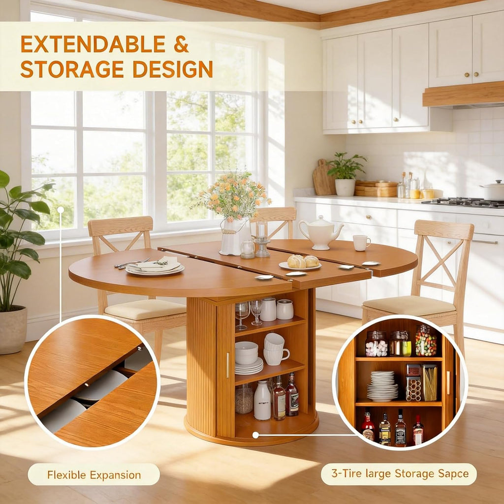 Extendable Round Dining Table: 47″–63″ Kitchen Table for 4 6 8 with Dust-Proof 2-Tier Storage Shelf Space Saving, Modern Farmhouse Expandable Wood Oval Circle Dinner Furniture with Pedestal Base