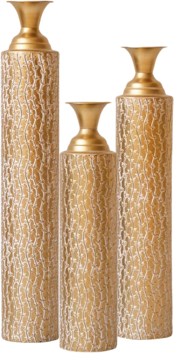 Set of 3 Gold Metal Decorative Vases – 34'/29'/25' Tall Distressed Centerpiece Vases, Gold Floral Pattern, Tall Metal Standing Vase for Home Decor(Golden Willow)