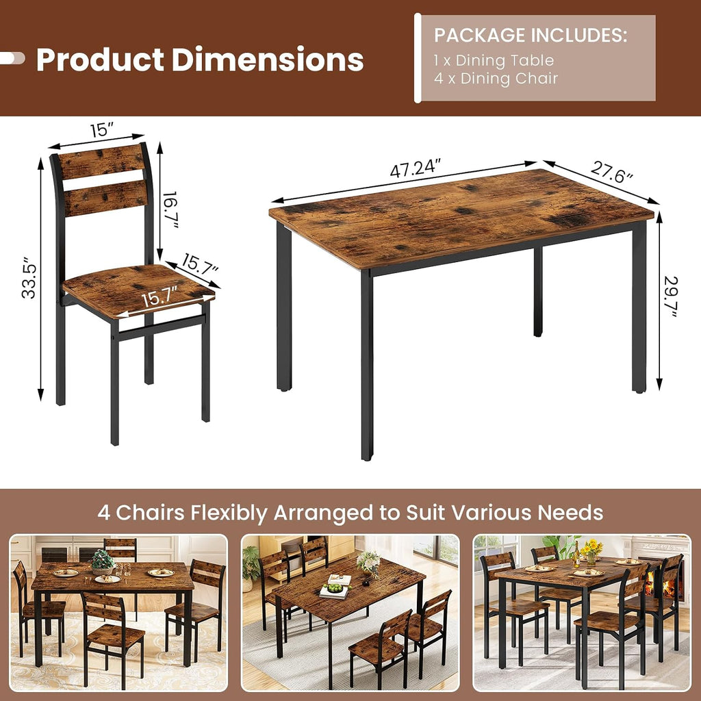 Recaceik Dining Table Set for 4 Wood Kitchen Table Chairs Set, 47 '' Farmhouse 5 Piece Dining Room Table Set, Space-Saving Dinette Set for Breakfast Nook, Apartment, Brown