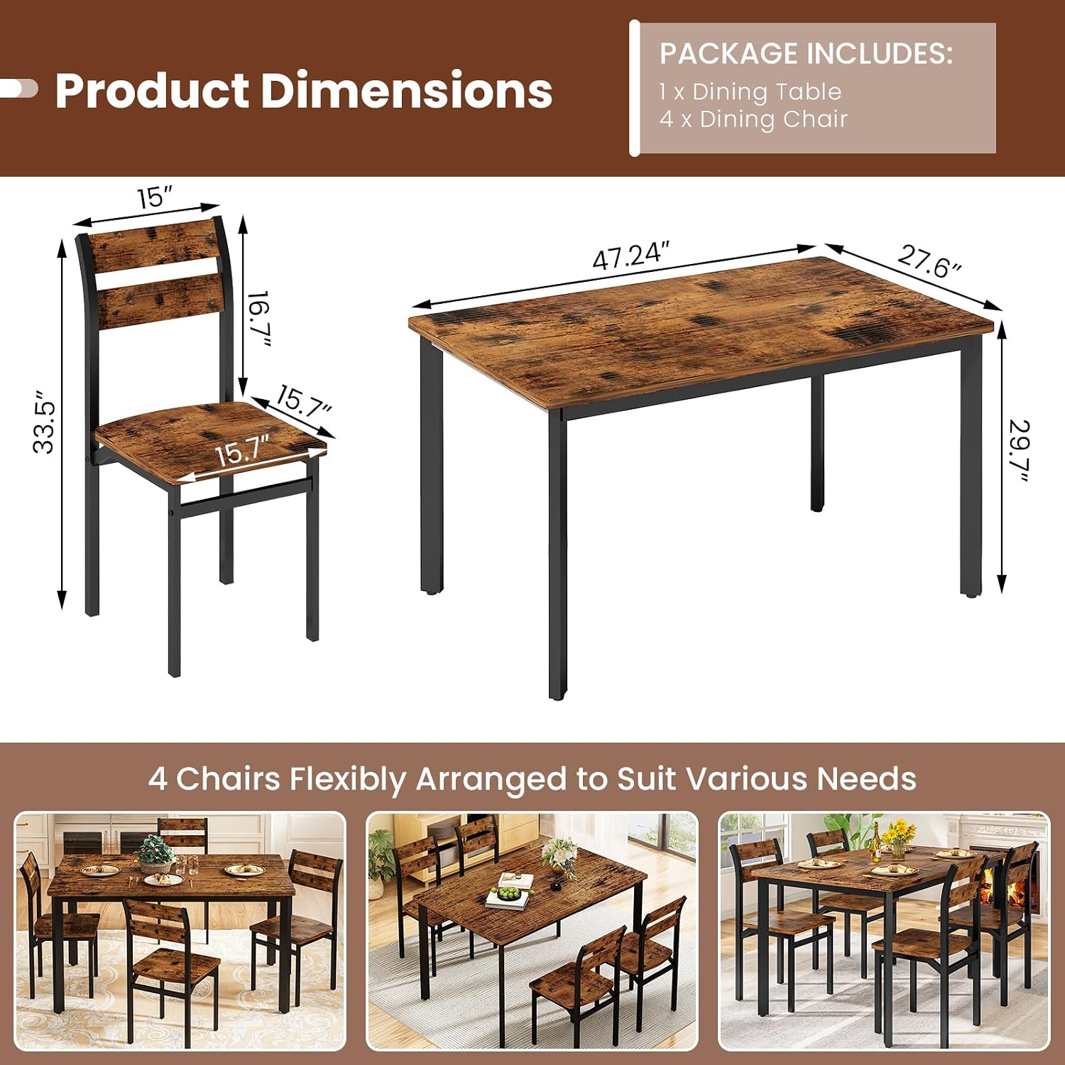 Recaceik Dining Table Set for 4 Wood Kitchen Table Chairs Set, 47 '' Farmhouse 5 Piece Dining Room Table Set, Space-Saving Dinette Set for Breakfast Nook, Apartment, Brown