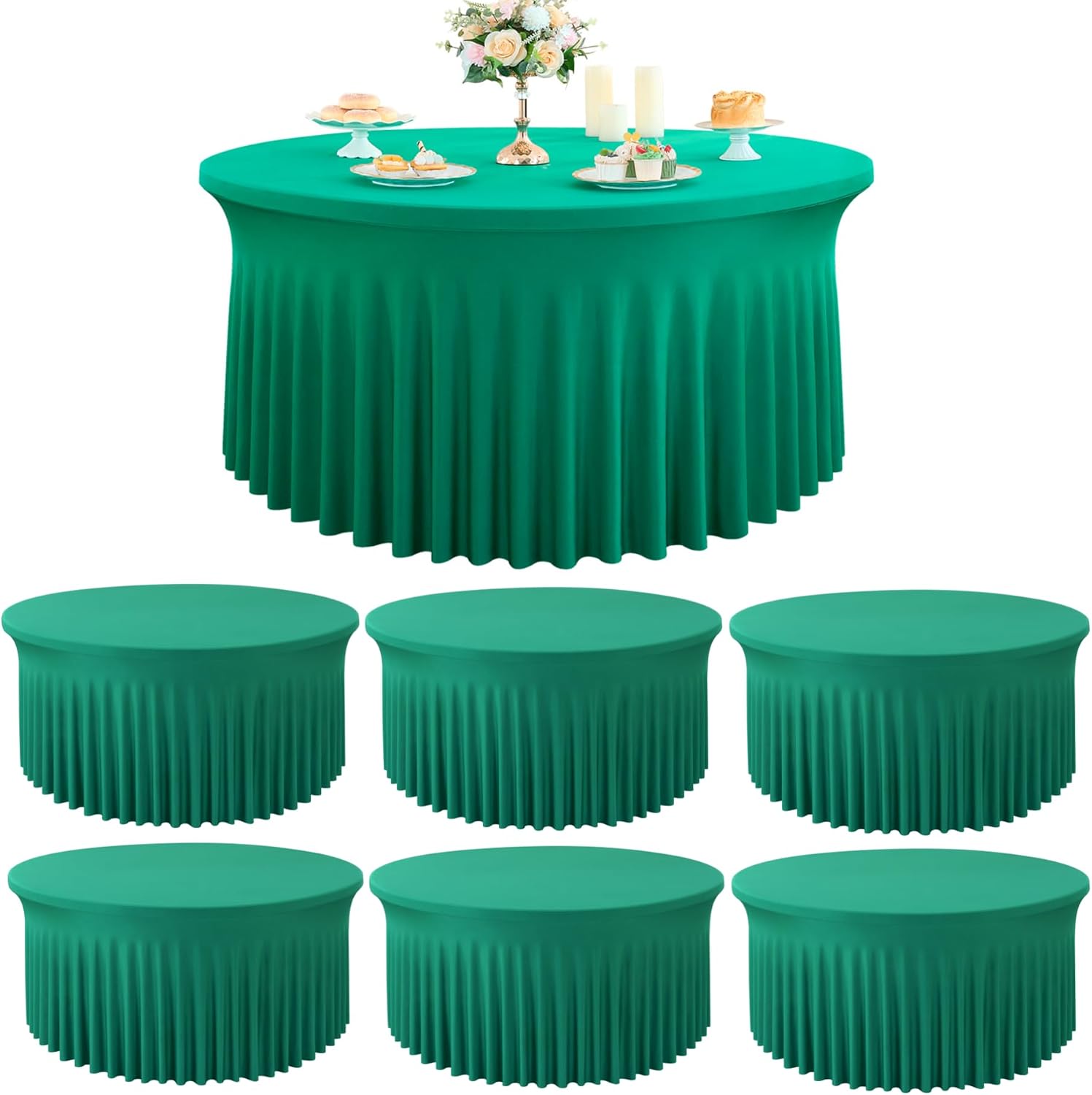 Outpain 6 Pack Emerald Spandex Round Tablecloths for 72 inch Table, Stretchy 132inch Fitted 6FT Round Table Cloths, Wrinkle Free Table Cover with Skirt for Wedding Party Dining Banquet