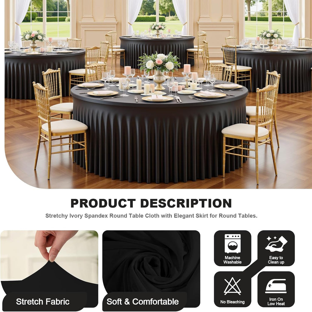 8 Pack Black Round Spandex Tablecloths for 60 inch Table, Wrinkle-Free Stretchy 5FT Fitted Round Table Covers with Skirt for Wedding Birthday Graduation Party Banquet Events