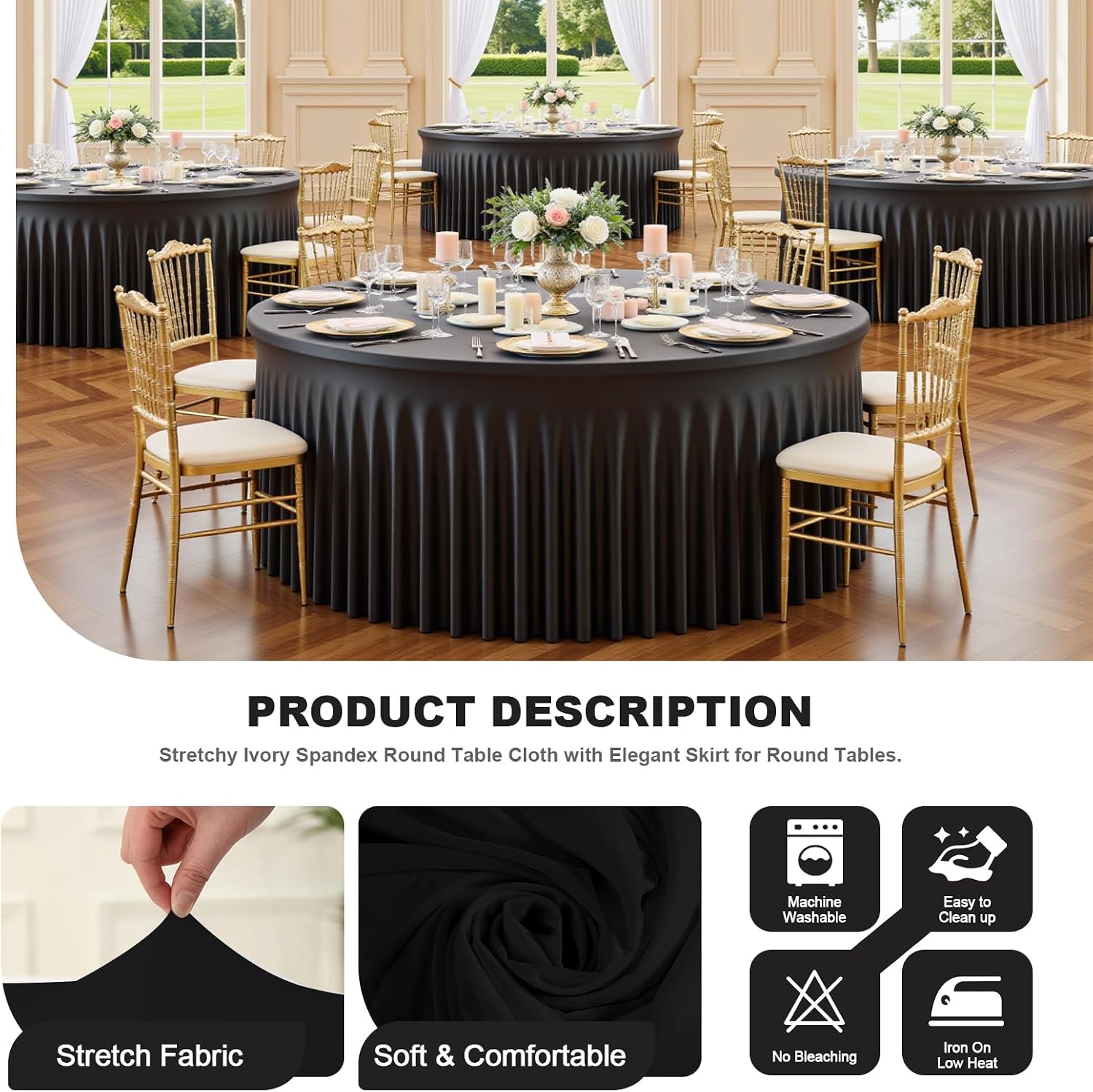 8 Pack Black Spandex Round Tablecloth Covers with Skirt for 72 Inch Table, Wrinkle Free Stretchy 6FT Fitted Cloth for Wedding Birthday Graduation Banquet Party Events Decor