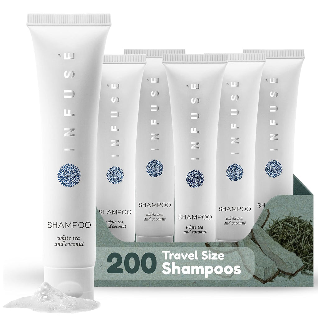 Travel Size Hotel Shampoo 200 Count 1 oz Bottles Guest Amenities for Hotels Vacation Rentals and Short Term Rentals Paraben Free White Tea and Coconut Scent Infused with Aloe and Olive Oil by INFUSE