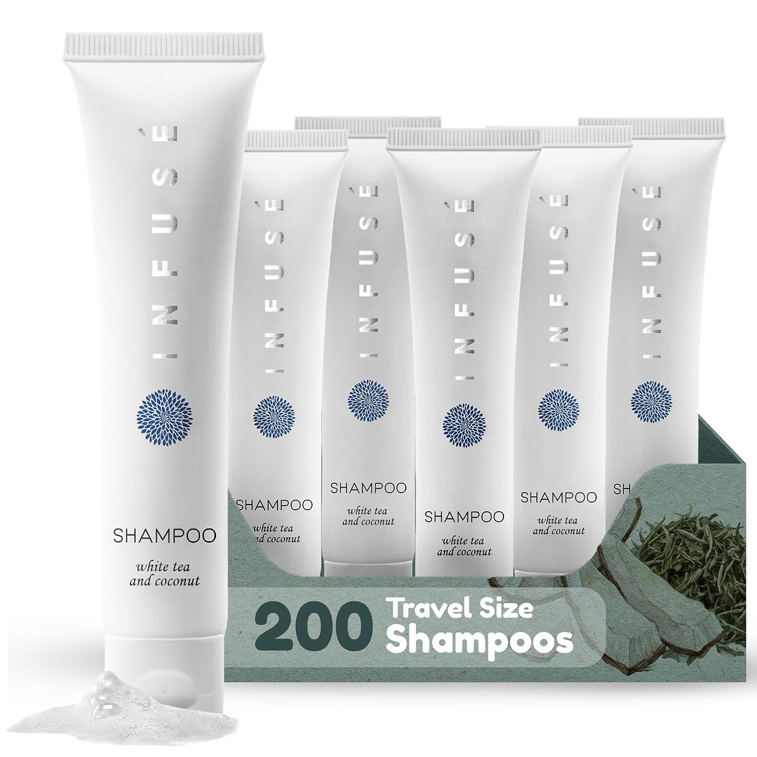 Travel Size Hotel Shampoo 200 Count 1 oz Bottles Guest Amenities for Hotels Vacation Rentals and Short Term Rentals Paraben Free White Tea and Coconut Scent Infused with Aloe and Olive Oil by INFUSE