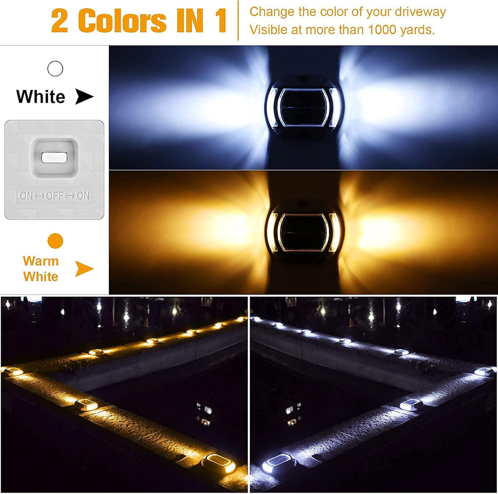 VOLISUN 16 Pack Solar Driveway Dock Deck Lights,(12 Pack White Hexagon Deck Lights+4pack 2 Colors in 1 Dock Lights（White+Warm White)