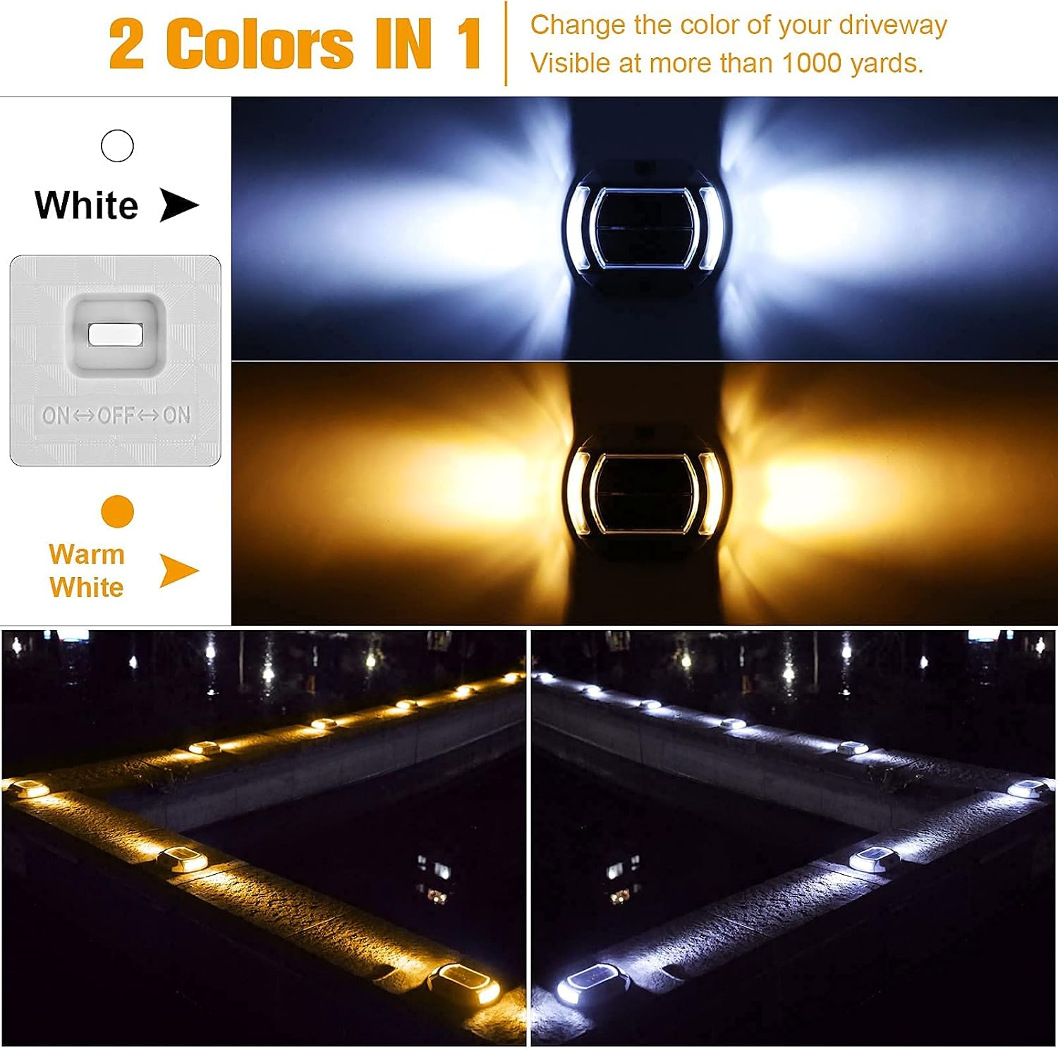 VOLISUN 16 Pack Solar Driveway Dock Deck Lights,(12 Pack White Hexagon Deck Lights+4pack 2 Colors in 1 Dock Lights（White+Warm White)