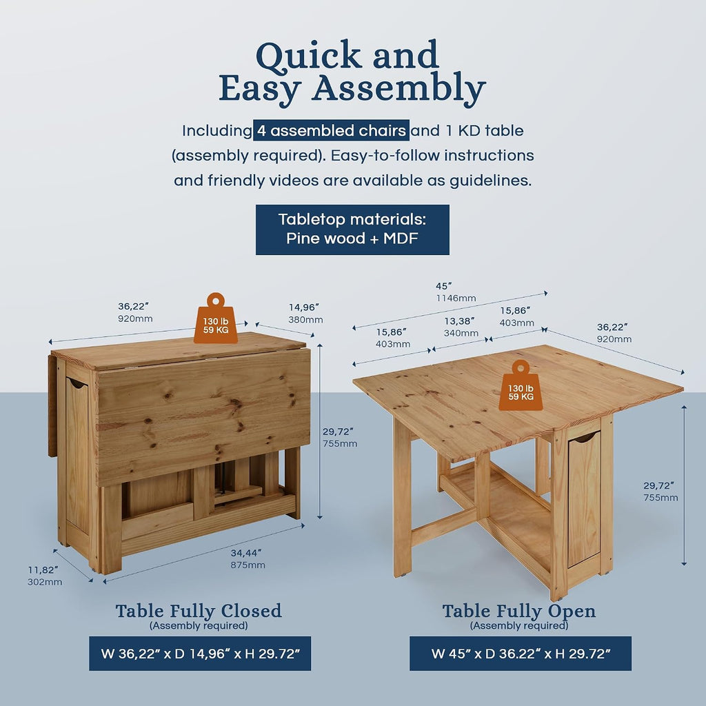SECONIQUE Santos Butterfly Folding Dining Table Set with 4 Chairs – Space-Saving Table with Nesting Chairs and Storage Shelf – Rustic Pine Finish