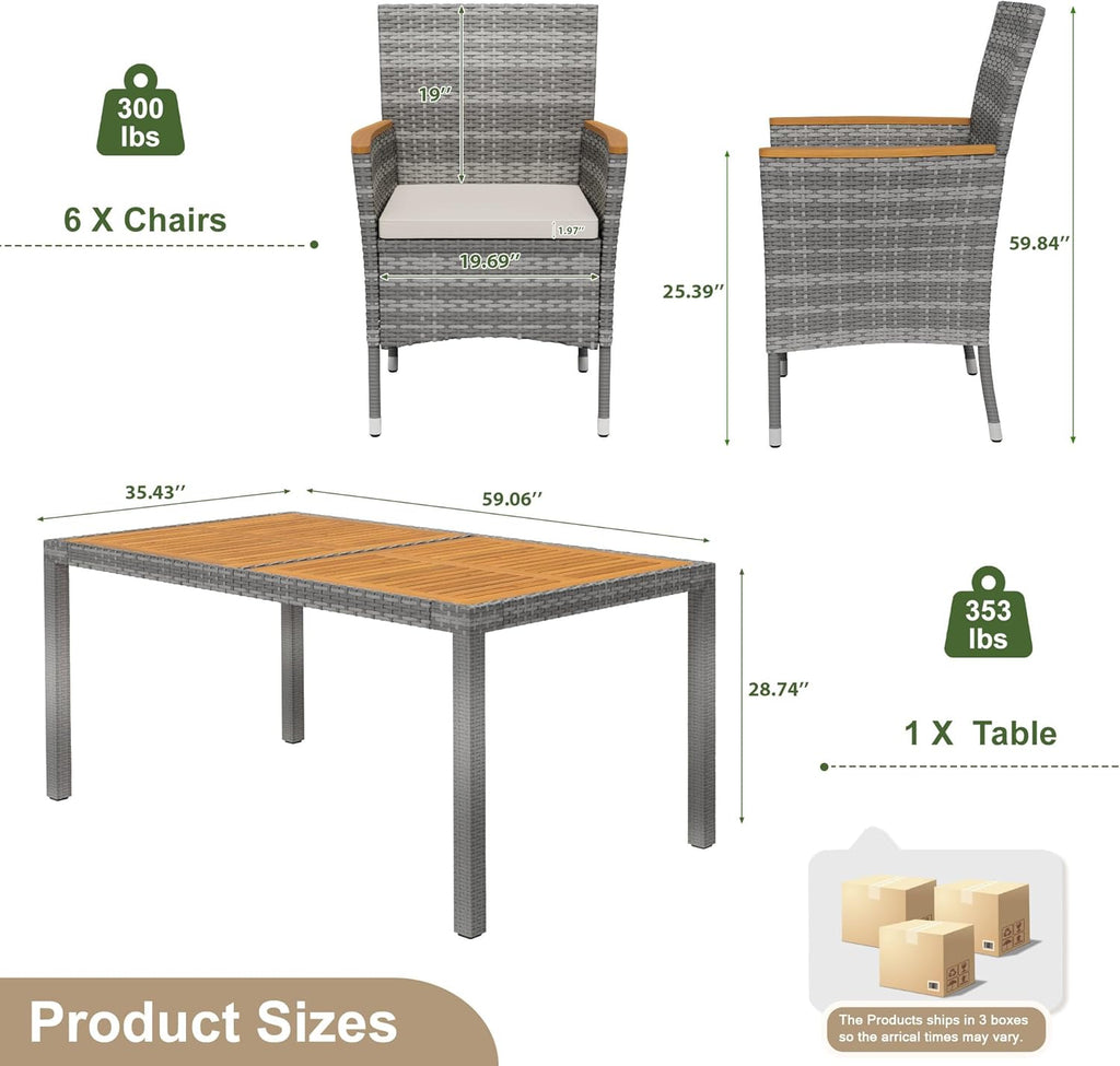 Devoko Dining 7 PCS Furniture, Patio Conversation Set with Acacia Wood Table Top, Outdoor, Beige Cushion and Grey Rattan